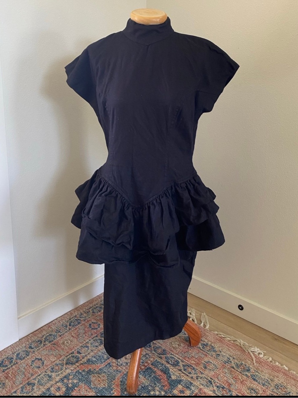 Black Ruffle-Hem High-Neck Women’s Dress
